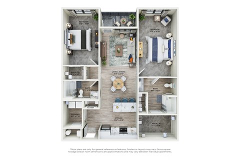 Floor plan for 2 beds, 2 baths, 1188 sqft